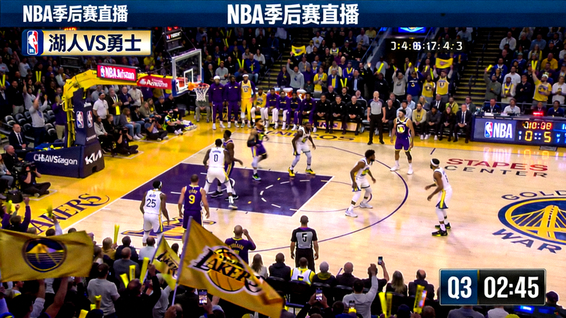 NBA季后赛直播画面 - 洛杉矶湖人队与金州勇士队的比赛现场